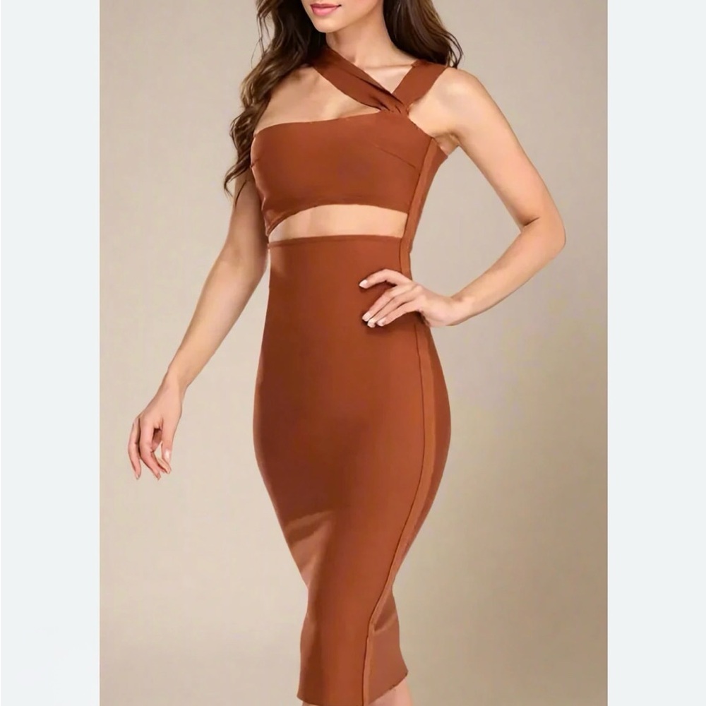 Bodycon Collection Midi Cut-out Rust Brown Cutout Bodycon Dress XS Extra Small